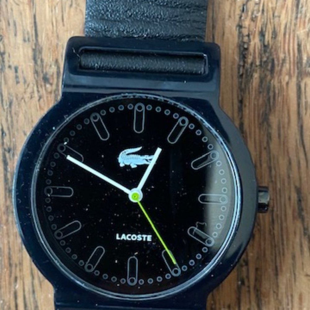 Lacoste Men's  Black Leather Strap Black Dial Watch - Lightweight
